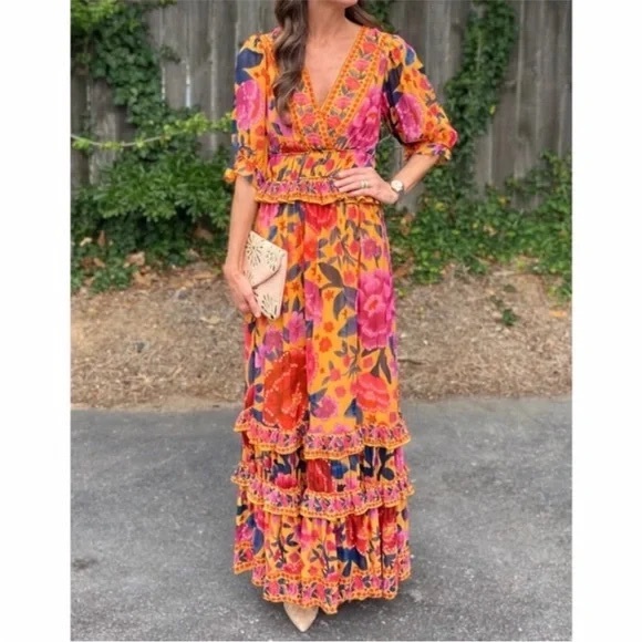 FARM RIO | FLORAL DREAM MAXI DRESS | Small | Anthropologie | Tiered Gown - Picture 3 of 10